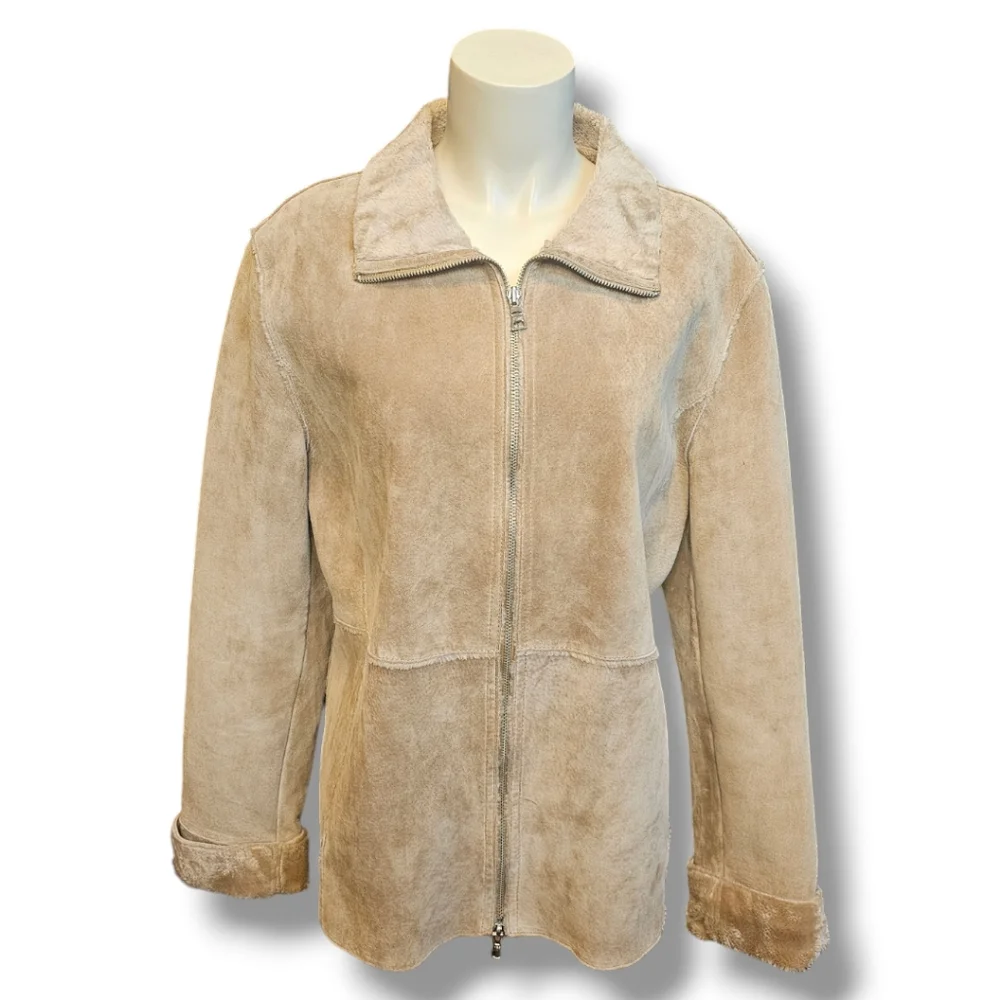 Vintage Y2K Guess Leather Jacket Patchwork Faux Sheepskin Fur Lined Tan Beige - Picture 5 of 13